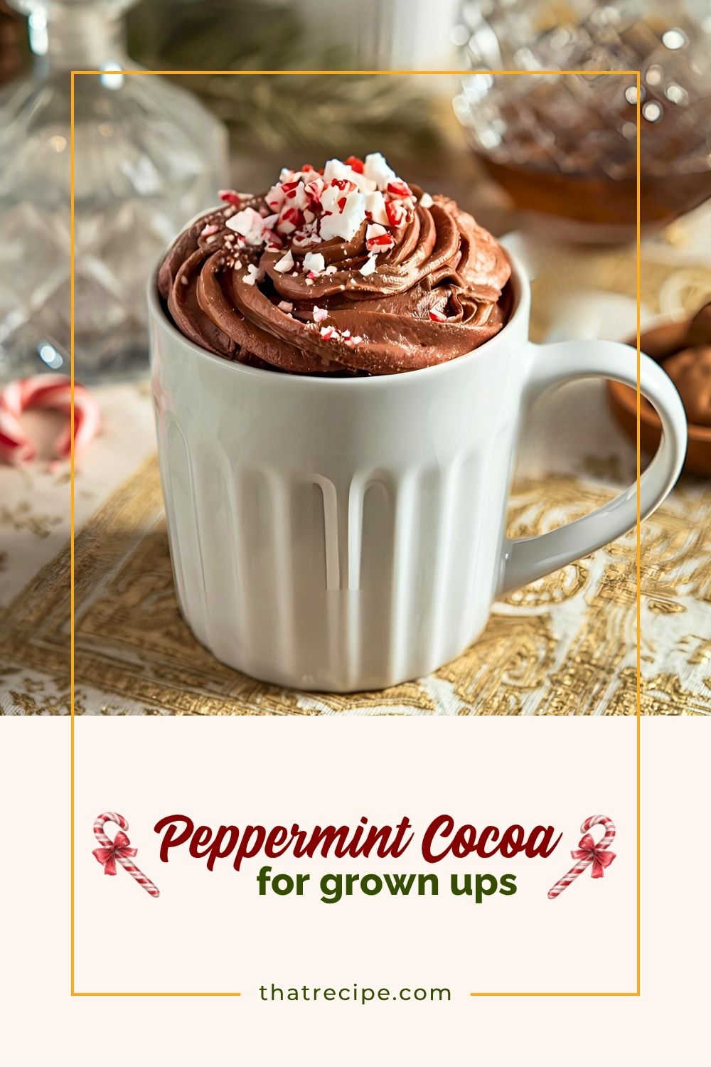mug of hot chocolate topped with chocolate whipped cream and crushed candy canes