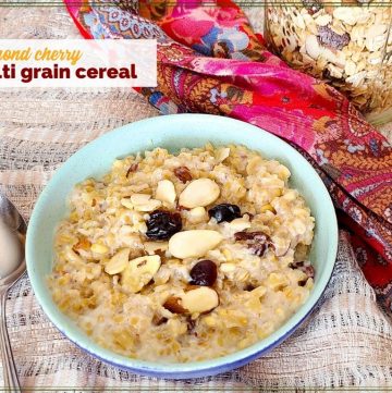bowl of hot breakfast cereal with text overlay "almond cherry multi grain cereal"