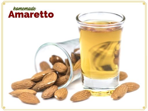 Amaretto in a cordial glass surrounded by almonds with text overlay "homemade Amaretto"