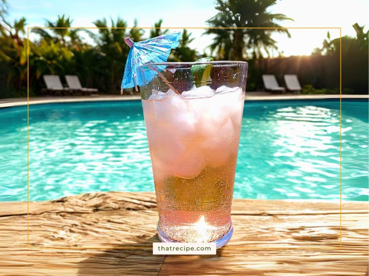 Ango soda on a poolside table.