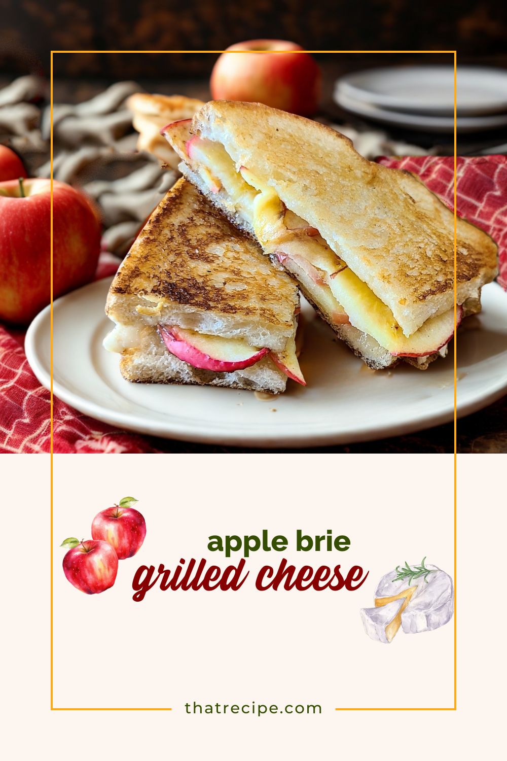 grilled cheese sandwich on a plate with apples in the background