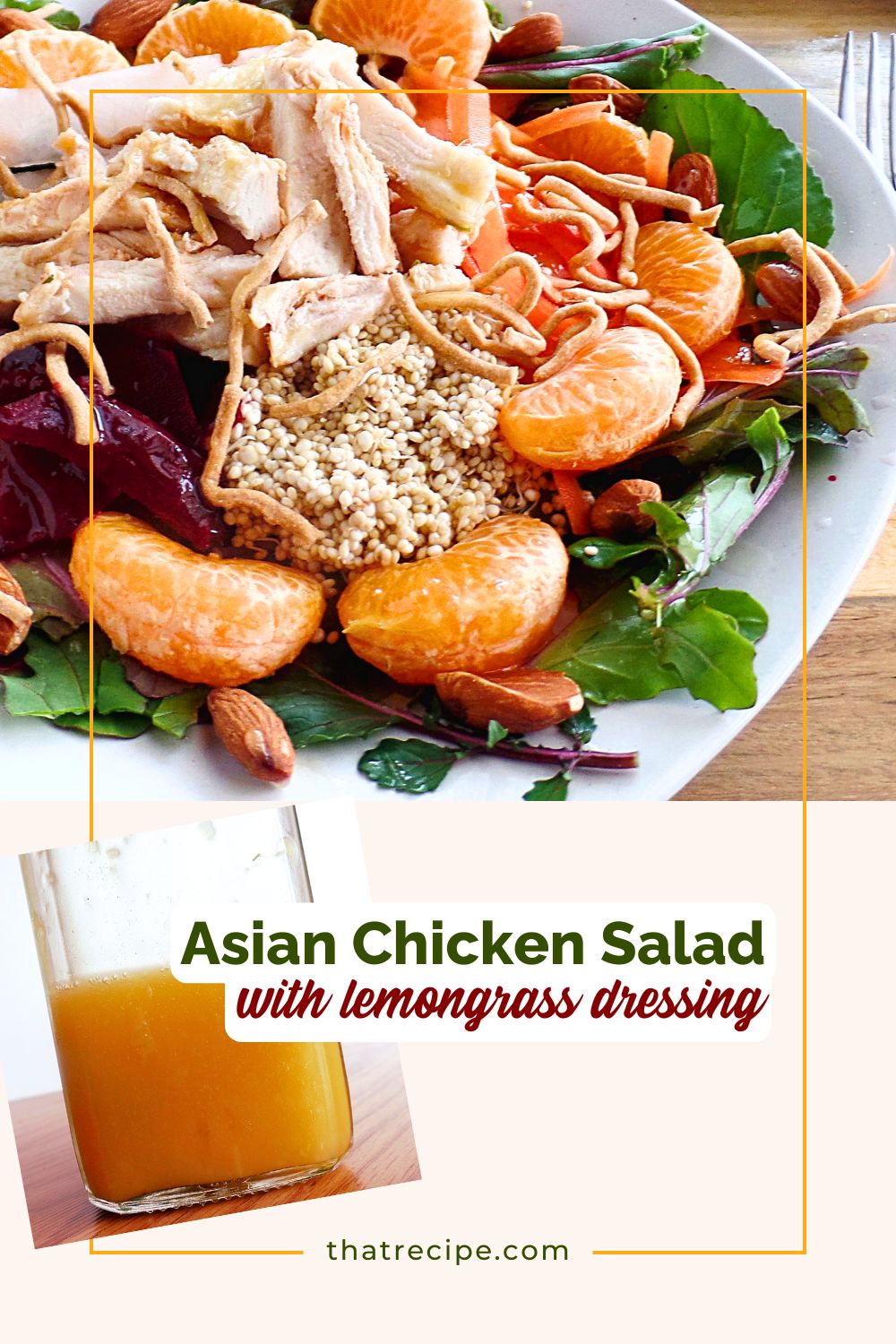 Asian chicken salad on a plate with a close up of lemongrass salad dressing