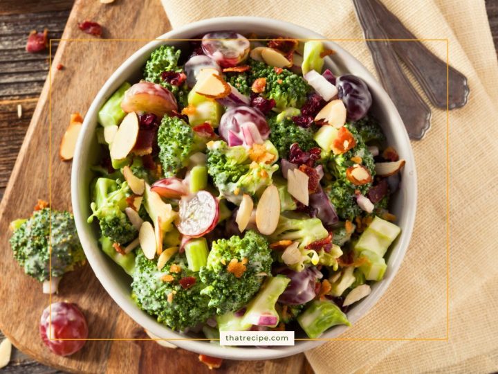 top down view of bacon and broccoli salad