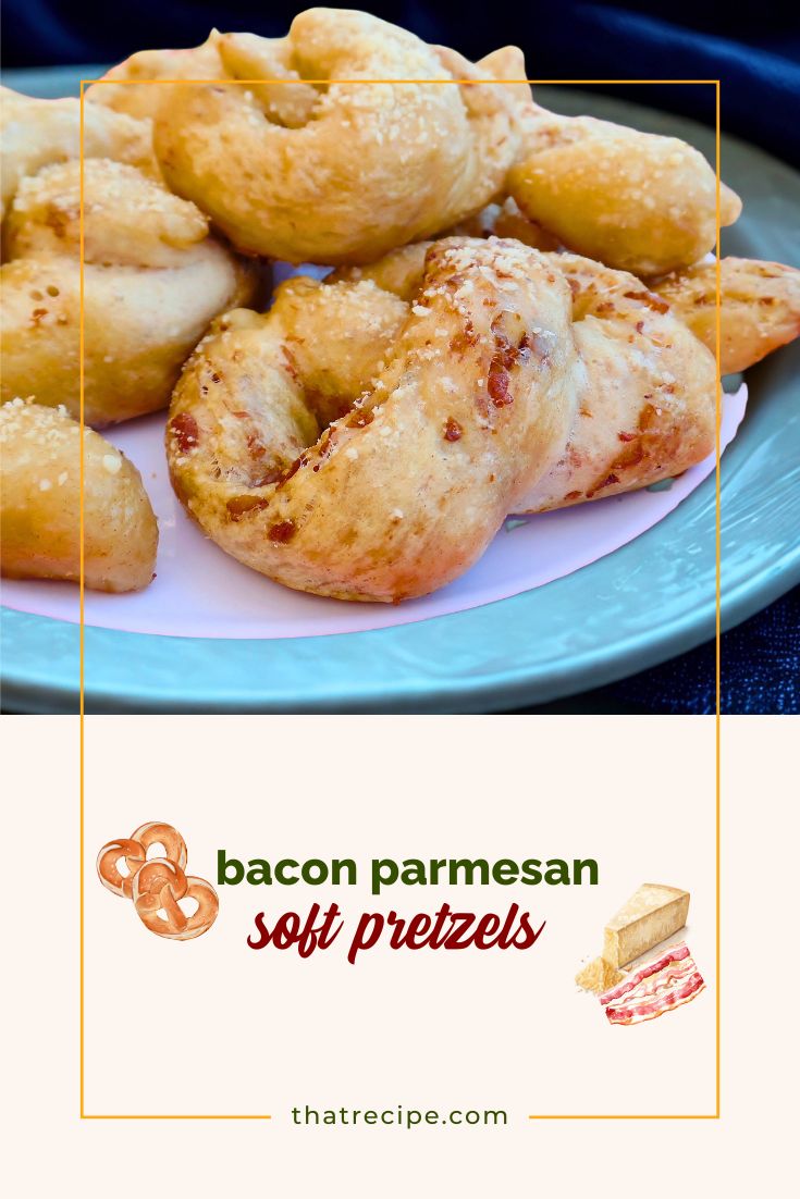 soft pretzels on plate with text bacon parmesan soft pretzels