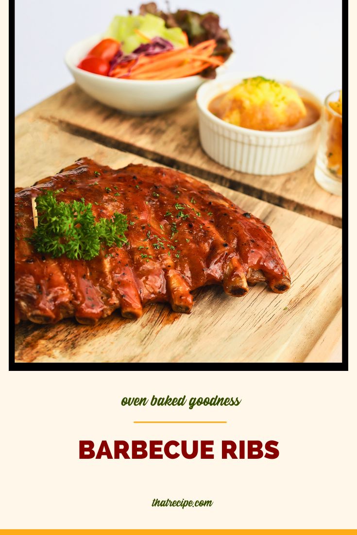 ribs on a plate with text overlay "oven baked barbecue spareribs"