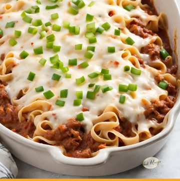 top down view of beef noodle casserole in a backing dish