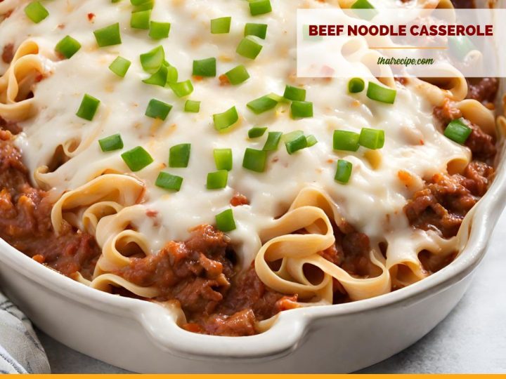 top down view of beef noodle casserole in a backing dish