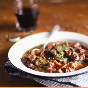 beef stew in a bowl on a table