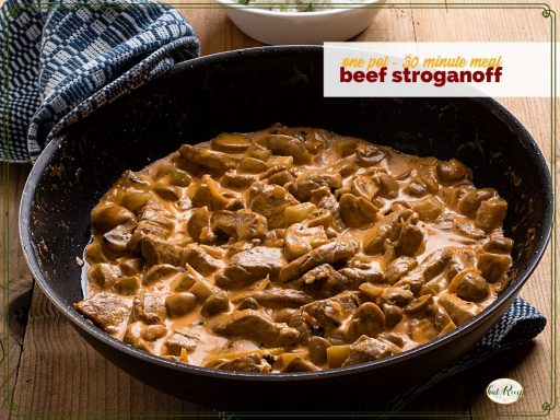 beef stroganoff in a cast iron skillet