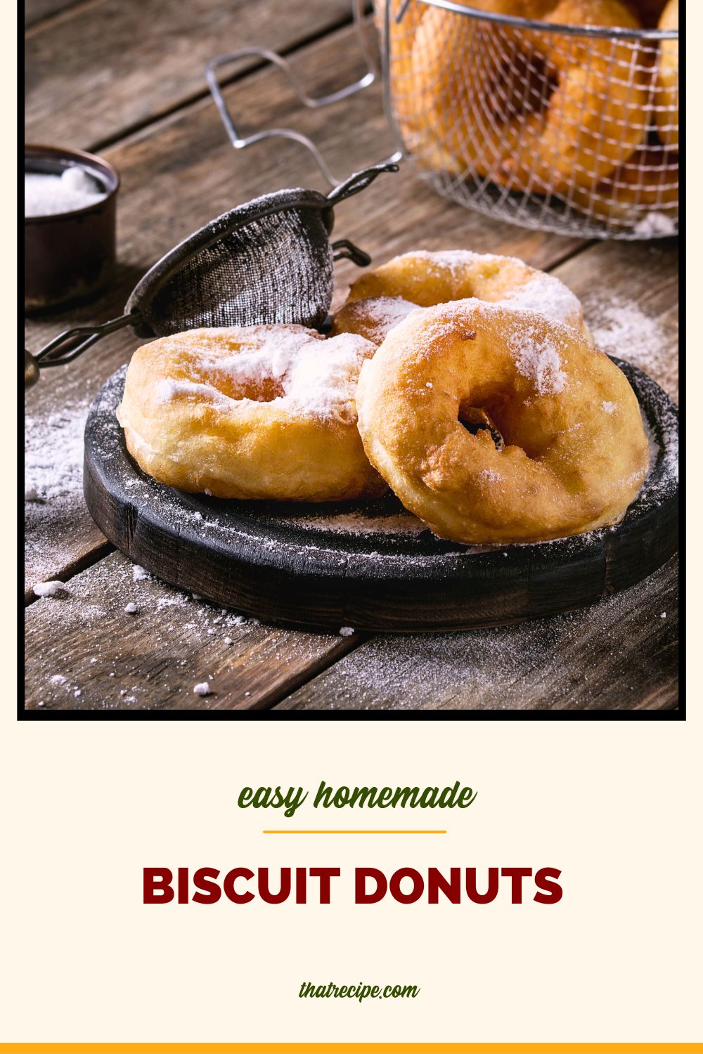 homemade donuts on a plate with powdered sugar