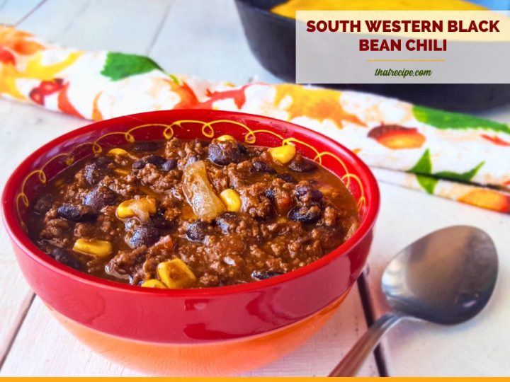 bowl of black bean chili with cornbread