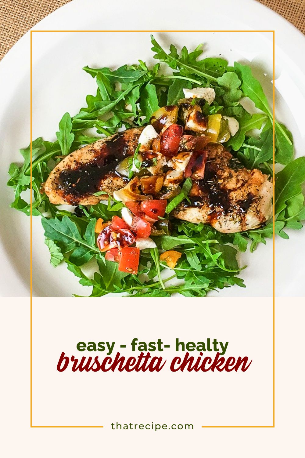 chicken breast topped with tomatoes and mozzarella on a bed of arugula