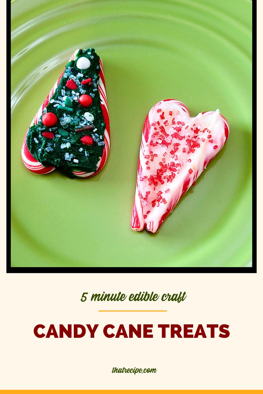 heart and tree candies made from candy canes with text overlay "5 minute candy cane treats"