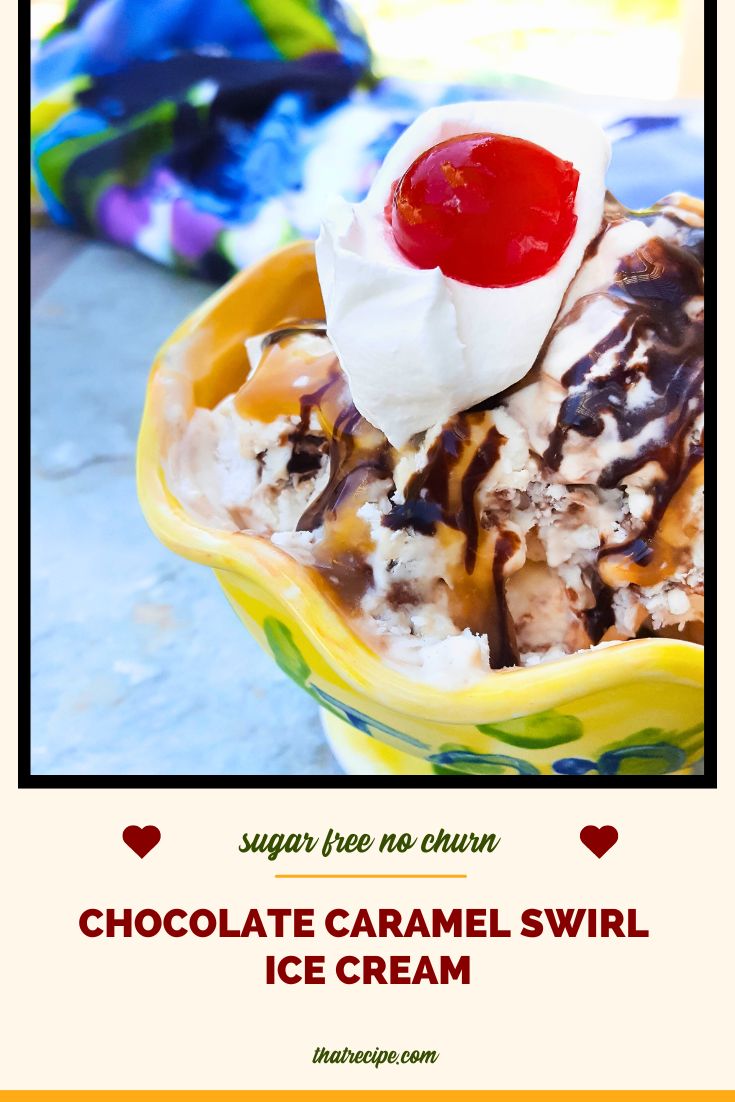 bowl of no churn sugar free caramel chocolate ice cream with whipped cream and a cherry on top.