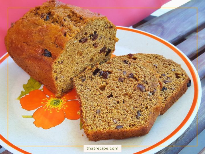 slices of carrot bread filled with raisins and nuts.