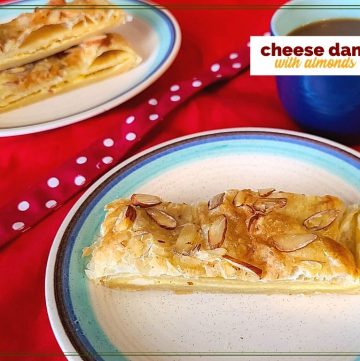 homemade cream cheese danish on plates with coffee cup and text overlay "cheese danish with almonds"