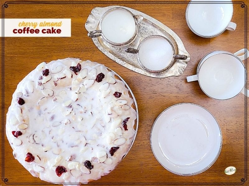 cherry almond coffee cake on a table