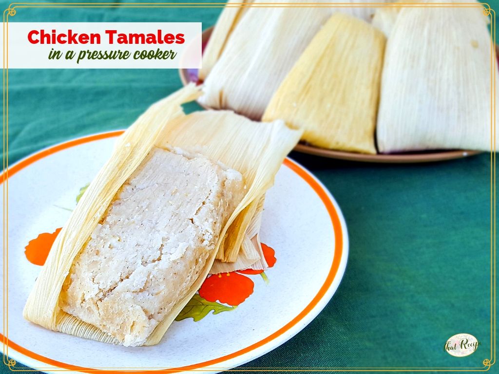opened chicken tamale on a plate with plate of unopened tamales