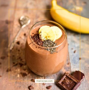 chocolate banana smoothie toped with chia seeds, banana and chocolate