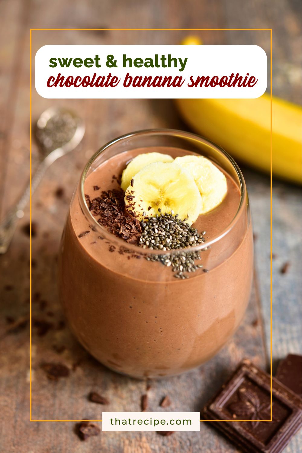 chocolate banana smoothie toped with chia seeds, banana and shaved chocolate