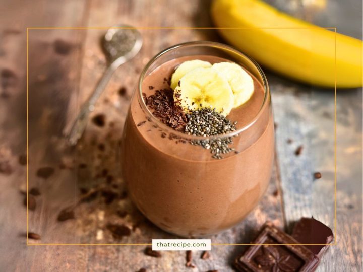 chocolate banana smoothie toped with chia seeds, banana and chocolate