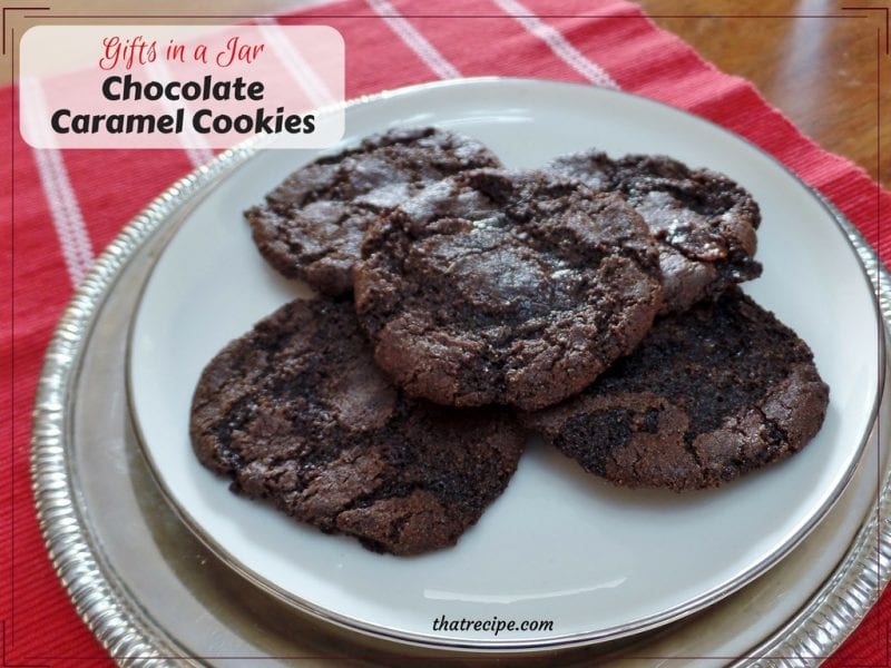 Gifts in a Jar: Chocolate Caramel Cookies - two different chocolate cookie recipes from a jar of homemade cake mix. Cookie Mix in a Jar.