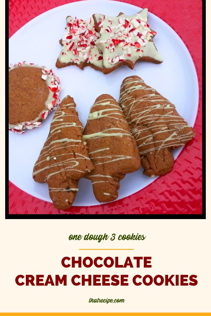 chocolate cookies on a plate with text overlay "chocolate cream cheese cookies"