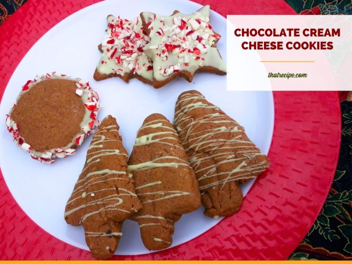chocolate cookies on a plate with text overlay "chocolate cream cheese cookies"
