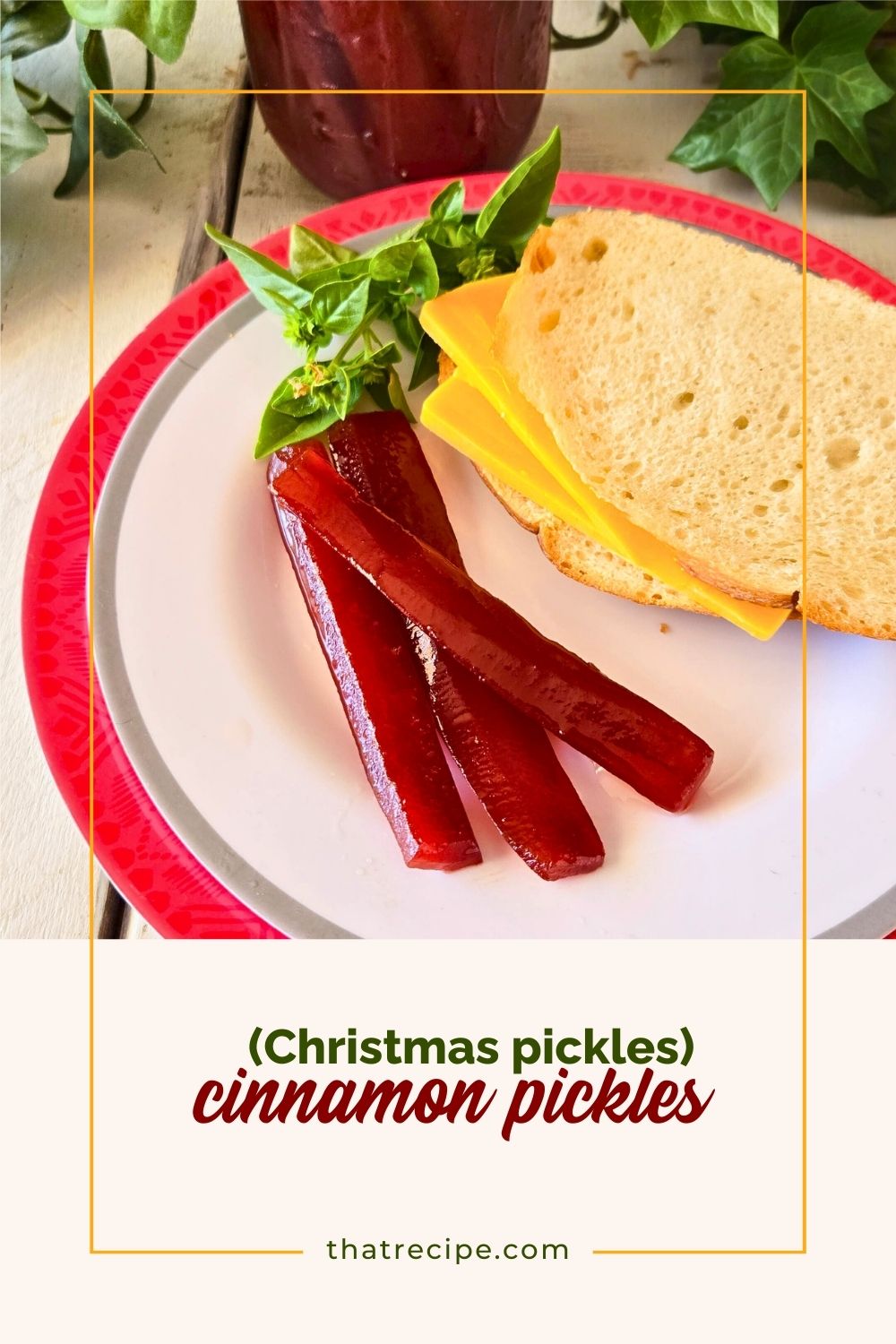 red pickle spears on a plate with a sandwich