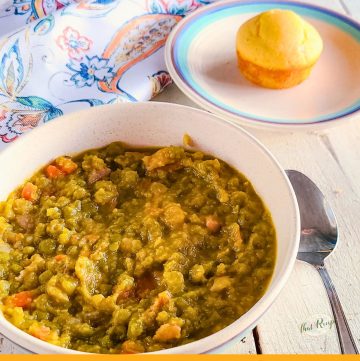 bowl of split pea soup with text overlay " chunky split pea soup"