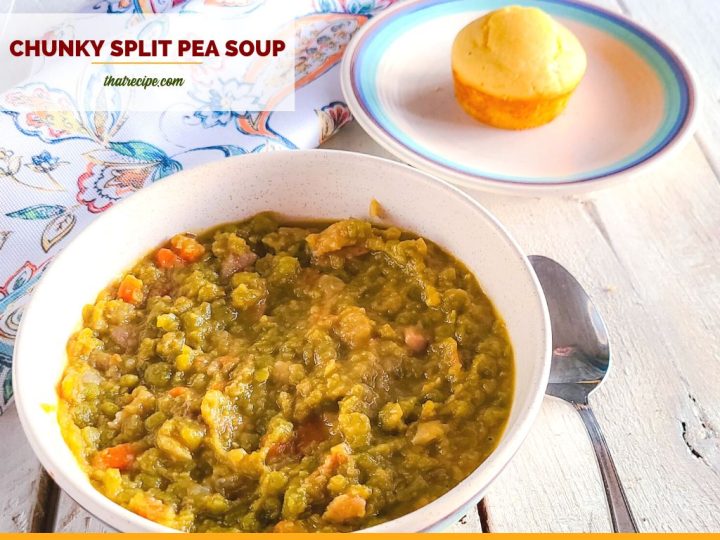 bowl of split pea soup with text overlay " chunky split pea soup"