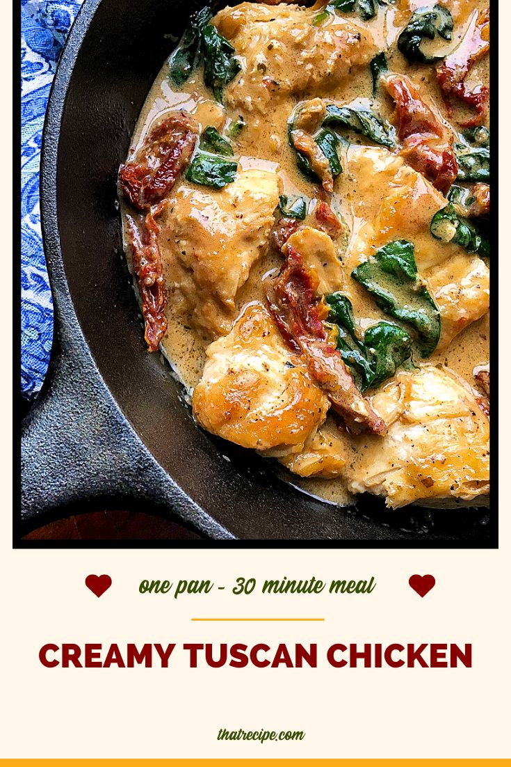 Creamy Tuscan Chicken in cast iron skillet.