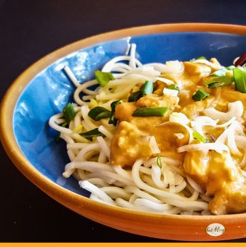 bowl of chicken and sauce over noodles with text overlay "Dan Dan Noodles with chicken"