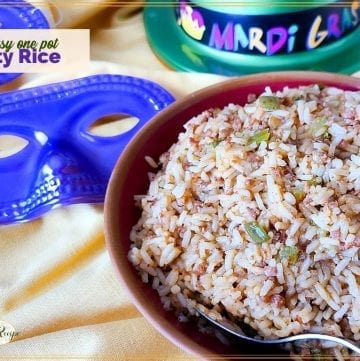 rice in a bowl with mardi gras masks and hat and text overlay "easy one pot dirty rice"