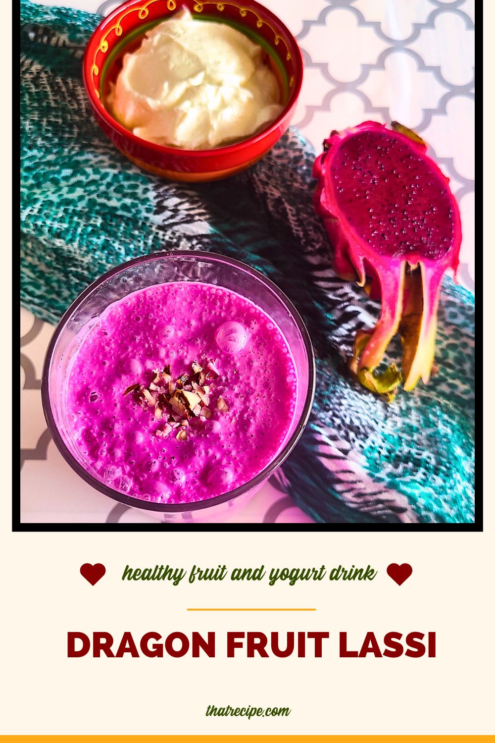 top down view of dragon fruit lassi with half dragon fruit and yogurt