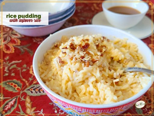 rice pudding in a bowl topped with nuts with text overlay "rice pudding with cooked rice"
