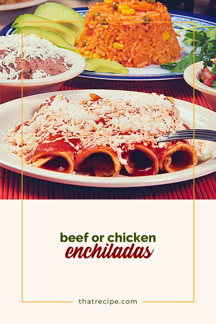 plate of red enchiladas with other Mexican foods.