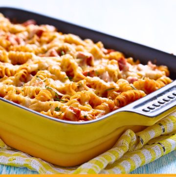 ham and pasta bake in a casserole dish