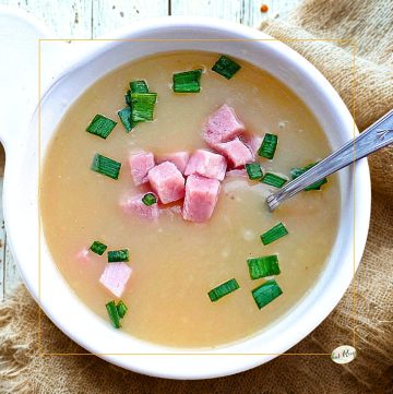 top down view of ham and potato soup