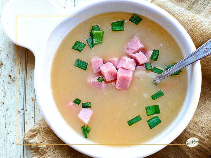 top down view of ham and potato soup