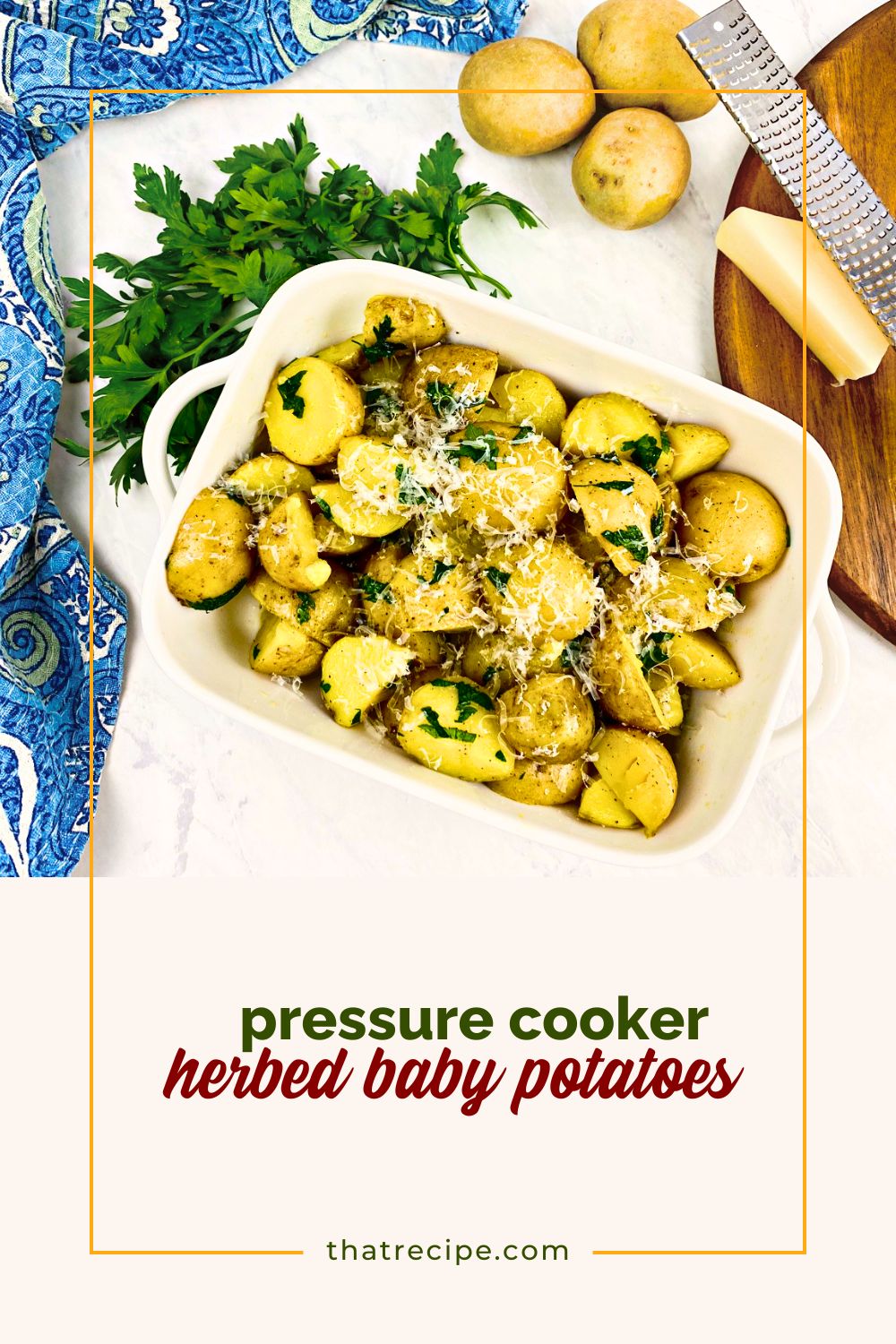 bowl of potato halves with text overlay "herbed baby potatoes"
