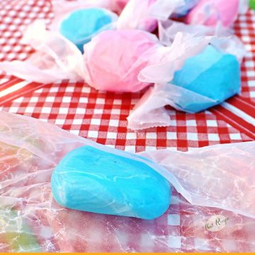 pieces of candy on a table with text overlay "homemade salt water taffy"