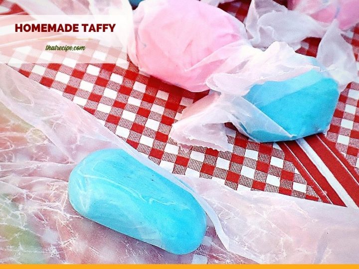pieces of candy on a table with text overlay "homemade salt water taffy"