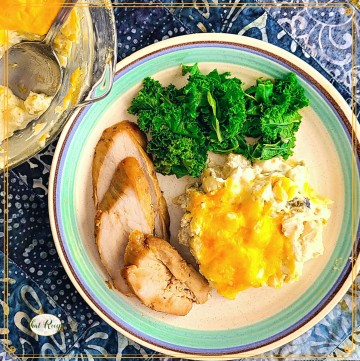 cheese chile hominy casserole on a plate