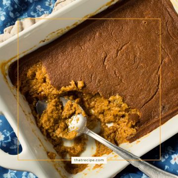 top down view of Indian Pudding in a baking dish. Cornmeal pudding, hasty pudding