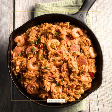 jambalaya in a cast iron skillet