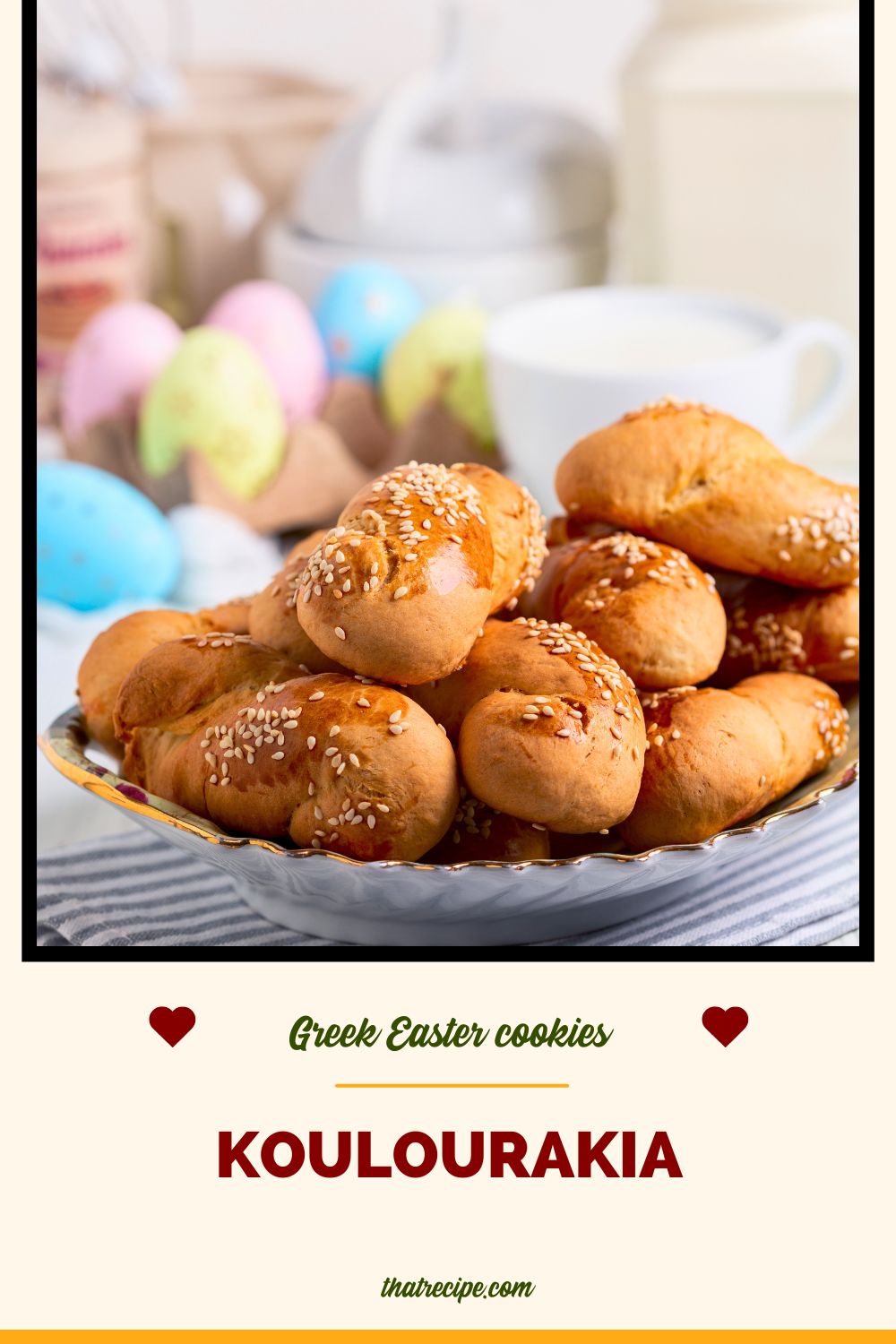 orange cookies on a plate with text overlay "Koulourakia Greek Easter Cookies"