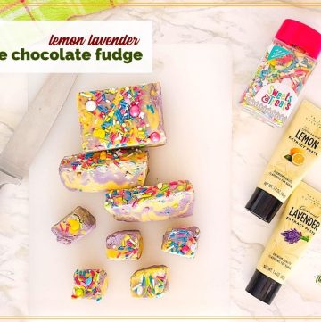 lemon lavender fudge on a cutting board with text overlay "lemon Lavender white chocolate fudge"