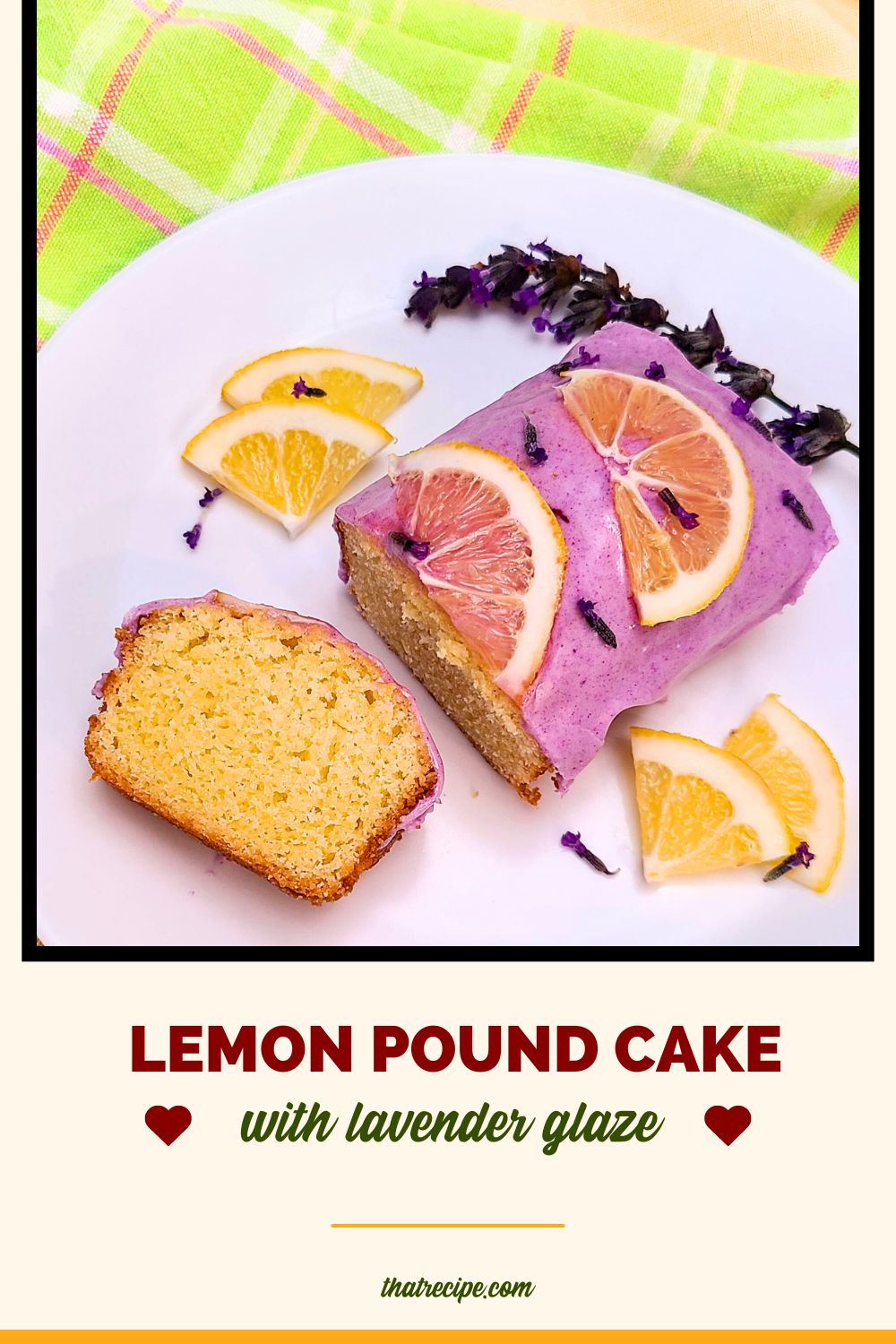 lemon pound cake with lavender glaze on a serving plate