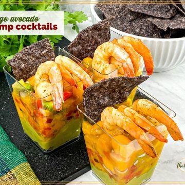 shrimp cocktails on a table with text overlay"mango avocado shrimp cocktails"